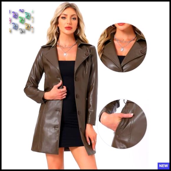 Faux Leather Trench Coat Notched Lapel Collar Long Sleeve Chic Classic Fall - Picture 3 of 6